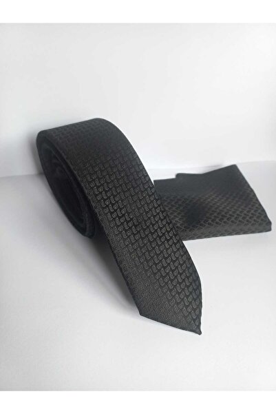 Kravatistan Black Tiny Patterned Thin Tie and Handkerchief Set