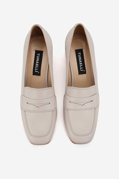 TUNAELLİ Women's Beige Genuine Leather Size 35-41 Medium Heel Classic Loafer Shoes