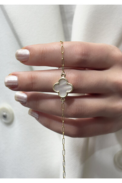 DİAMİNE PIRLANTA 14 Ayar Altın Beyaz Sedefli Yonca Ataç Bileklik