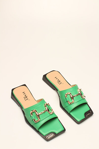 İDİL Green Leather Buckle Women's Slippers