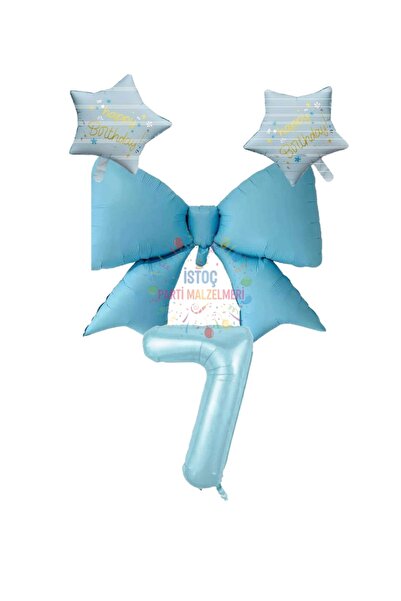 İSTOÇ PARTİ Blue Color Star Bow Number Foil Balloon Set 7 Years Old