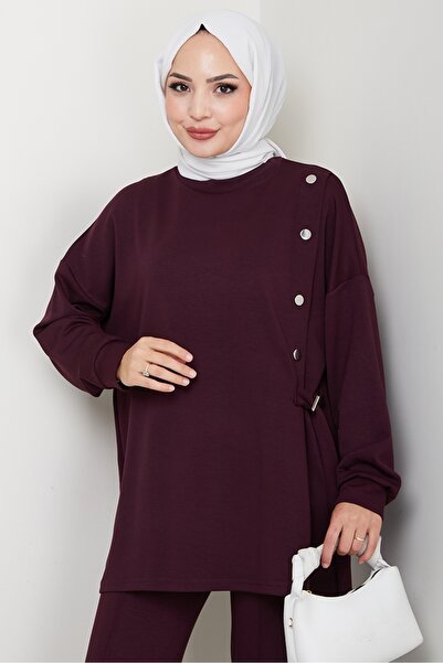 Bestenur Snap Detailed Double Suit 1624 - Plum