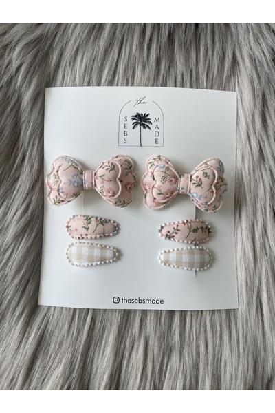 SEBSMADE Pink Flower Bowtie Ekose Klips Toka Set