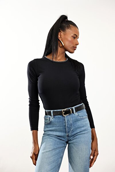 5in1Canpolat Μαύρο μπλουζάκι με μακριά μανίκια με ρέλι