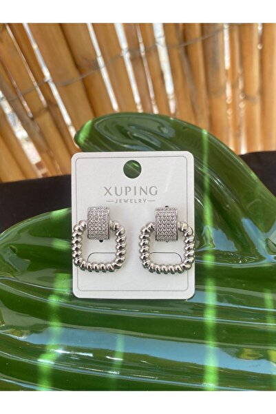XUPING JEWELRY ÇELİK KÜPE TAŞLI KARE GÜMÜŞ RENK