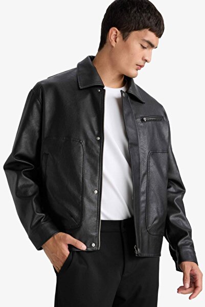 DeFacto Water Repellent O supradimensionat Palton din piele artificială cu guler cămașă cu închidere cu apăsare și buzunar interior F8600AX26SP