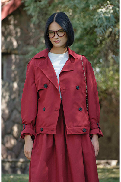 Fatma Atasoy Kol Apoletli Bordo Midi Trenç Ceket