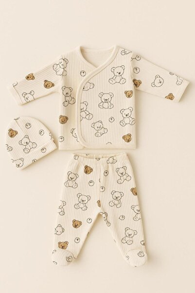 EFU BABY 3lü Ayı Desenli Bereli Unisex Bebek Yenidoğan Zıbın Set