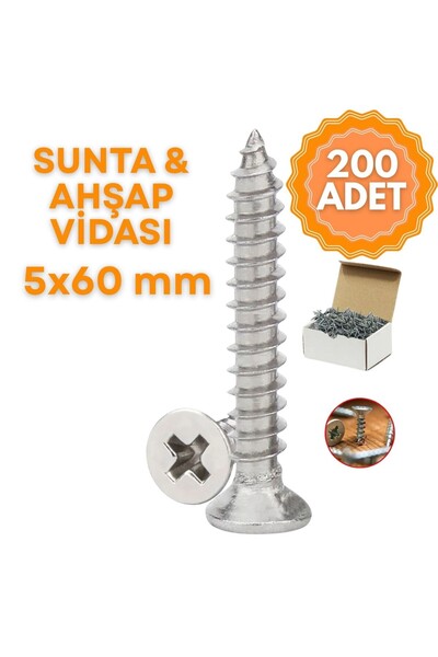 KOÇSAN Sunta & Ahşap Vidası 5 mm x 60 mm (1 Kutu = 200 Adet)