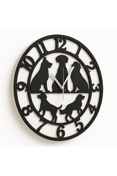OEM Ceas de perete cu câini – lemn negru/MDF, diametru 30 cm, tăiat cu laser,...