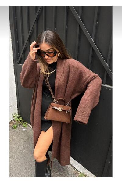 DAĞON'S DGN'S ŞAL YAKA KADIN TRİKO UZUN HIRKA SİYAH-ANTRASİT