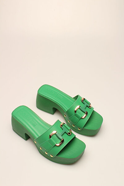 İDİL Green Leather Buckle Women's Clogs