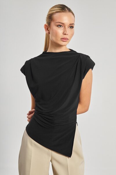 BARRELS AND OIL Women's Blouse with Shoulder Pleats and Padding - Black