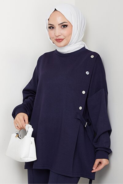 Bestenur Snap Detailed Double Suit 1624 - Navy Blue