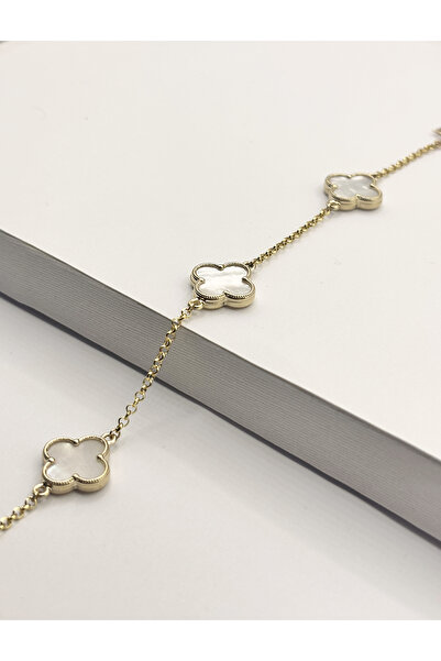 DİAMİNE PIRLANTA 14 Ayar Altın Büyük Beyaz Sedefli Taşlı Yonca Bileklik