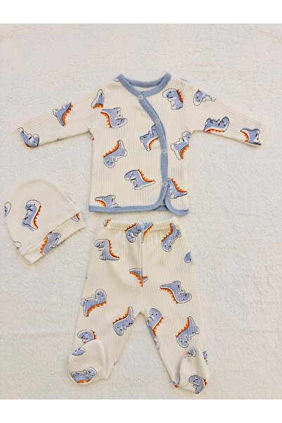 EFU BABY 3lü Dinazor Desenli Bereli Erkek Bebek Yenidoğan Zıbın Set