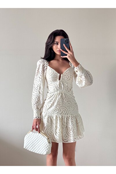 LOCH BUTİK Women's Beige Long Sleeve Mini Dress with Embroidered Back Detail