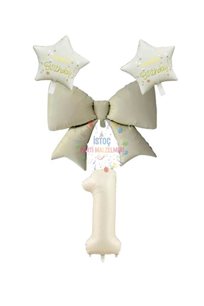 İSTOÇ PARTİ Cream Color Star Bow Number Foil Balloon Set Age 9