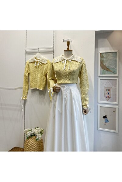 Faya Boutique Beyaz Yakalı Kurdeleli Sarı Kazak