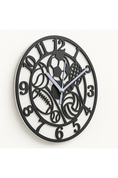 OEM Ceas de perete cu mingi sportive – lemn negru/MDF, diametru 30 cm, minge ...