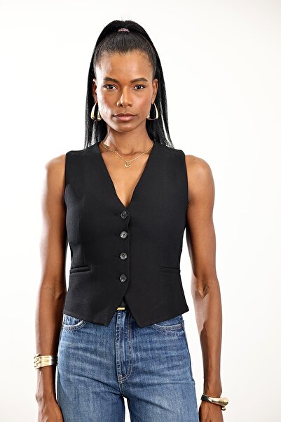 5in1Canpolat Black V-Neck Buttoned Vest 5005