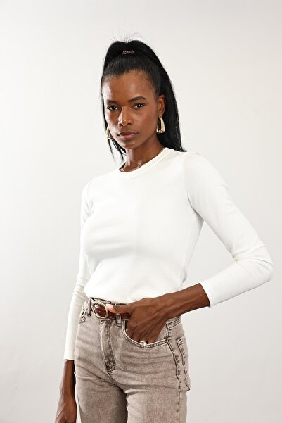 5in1Canpolat Ecru Fit Basic Long Sleeve T-Shirt