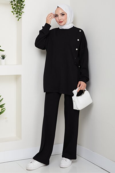 Bestenur Snap Detailed Double Suit 1624 - Black