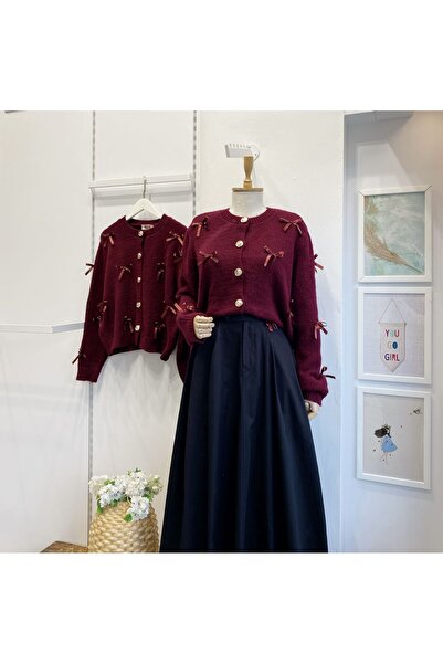 Faya Boutique Gold Düğmeli Bordo Kurdele İşli Hırka