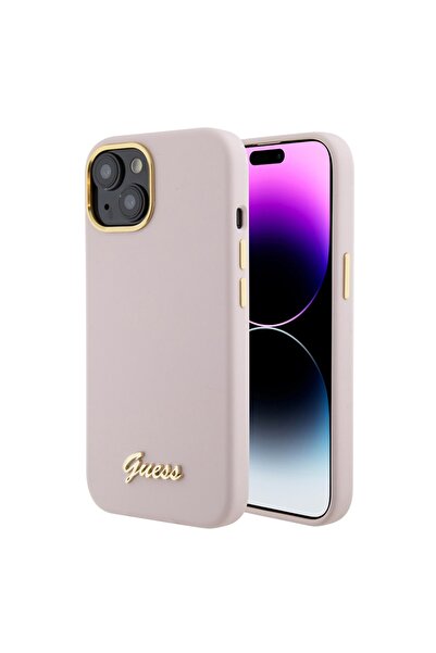 Guess Θήκη για iPhone 15, Μεταλλικό λογότυπο και πλαίσιο σιλικόνης με γραφή -...