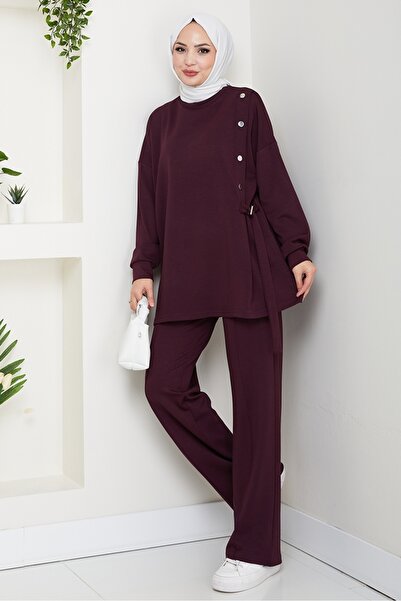 Bestenur Snap Detailed Double Suit 1624 - Plum