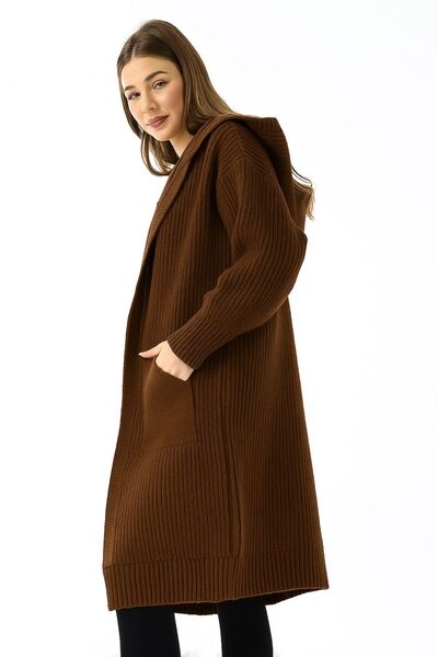 Devinka Kadın Kahverengi Kapşonlu Oversize Salaş Uzun Cepli Triko Hırka DVKA-0699