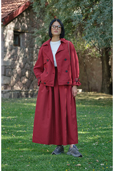 Fatma Atasoy Kol Apoletli Bordo Midi Trenç Ceket