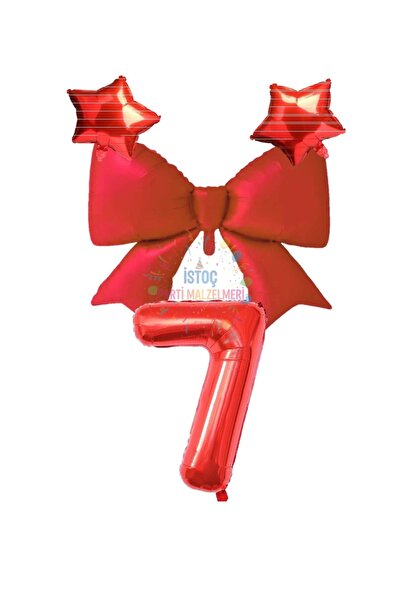 İSTOÇ PARTİ Red Color Star Bow Number Foil Balloon Set 7 Years Old