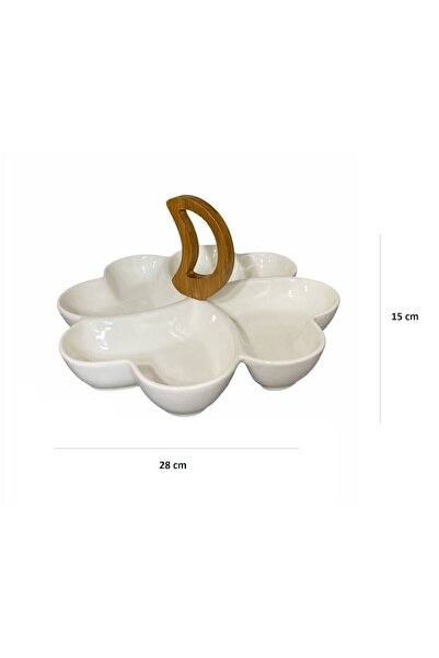 OEM Ceramic platter, with wooden handle, 4 compartments, white, 28x28x15 cm