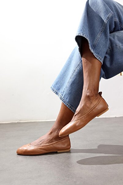 5in1Canpolat Tan Flexible Leather Ballerinas 25364