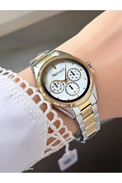 Ferrucci ساعة يد نسائية بقرص حجري دائري وسوار معدني ذهبي وفضي