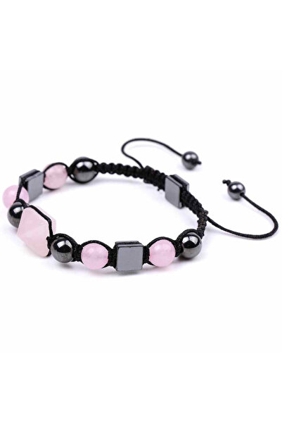 craftmystic Mărgele de cuarț roz și hematit de 8 mm și brățară reglabilă în formă de piramidă - cadou special