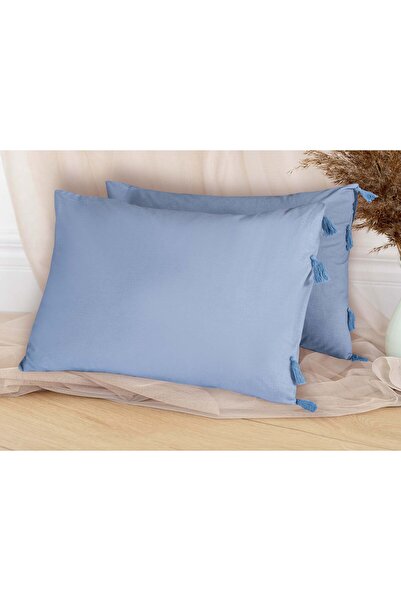Storish Yastık Kılıfı Simple Püsküllü %100 Cotton 2'li İndigo Mavi