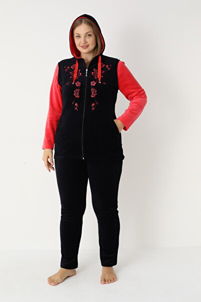 ROMEO LİFE Women's Plus Size Cotton Velvet Hooded Top and Bottom Set 2179
