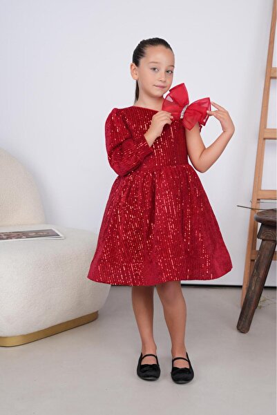 Miss Lorin Kids KIZ ÇOCUK KADİFE ELBİSE - YILBAŞI KADİFE PAYETLİ OMUZ DETAYLI