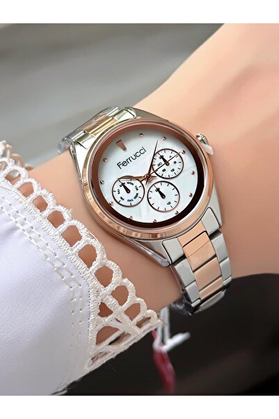 Ferrucci ساعة يد نسائية بقرص دائري مرصع بالأحجار الكريمة وسوار معدني فضي ذهبي...