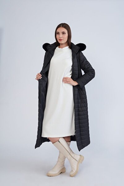 Trenç Dikiş Detaylı Midi Boy Şişme Kaban Gri 5400