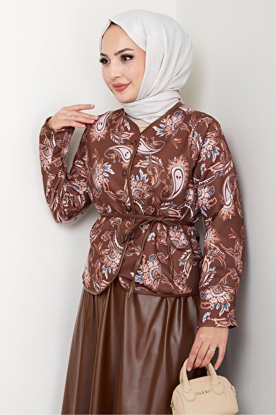 Bestenur Patterned Jacket Skirt Leather Two-Piece Set 1616 - Brown