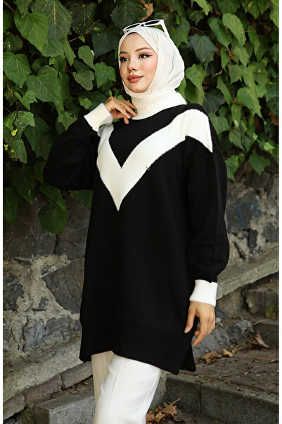 sefamerve Triko V Desen Garnili Tunik 3017-04 Siyah