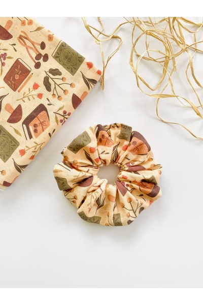 seyranat Kahverengi Kitap Defter Desenli Keten Kız Kadın Lastikli Simit Saç T...