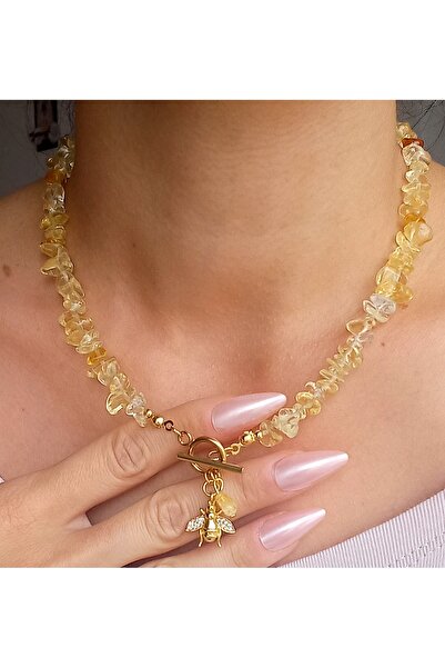 BNGaksesuar Gerçek Doğal Sitrin Taşı ve Şans Bolluk Bereket Arı Kolye ucu Doğaltaş Tasarım Kolye