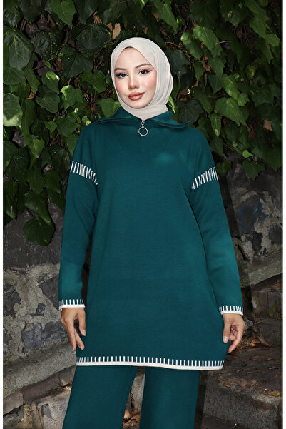 sefamerve Knitwear Zipper Collar Tunic Trousers Double Set 1061-02 Petrol