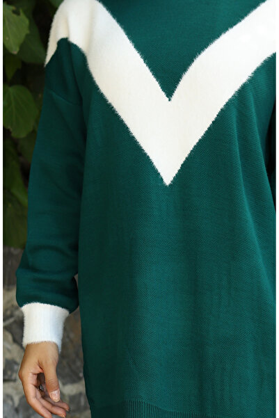 sefamerve Πλεκτά V Μοτίβο συνδυασμός υφασμάτων Τουνίκ 3017-08 Πετρέλαιο