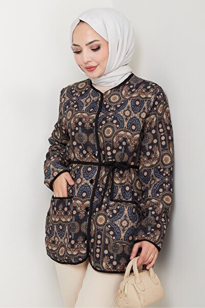 Bestenur Μπουφάν με σχέδιο με κουμπιά και καπιτονέ 1620 - Μαύρο