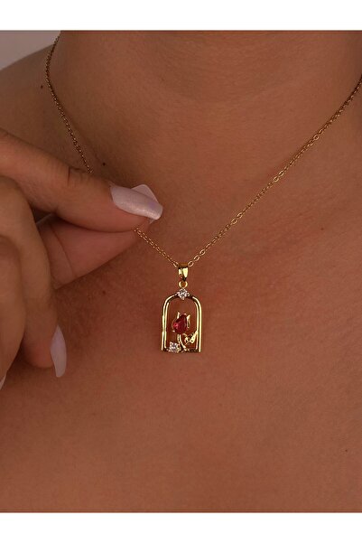 Jewelliss Kırmızı Gül Tablo Çelik Gold Kolye Modeli Kararmaz Zirkon Taş Minimal Tasarım Günlük Hediyelik Zarif